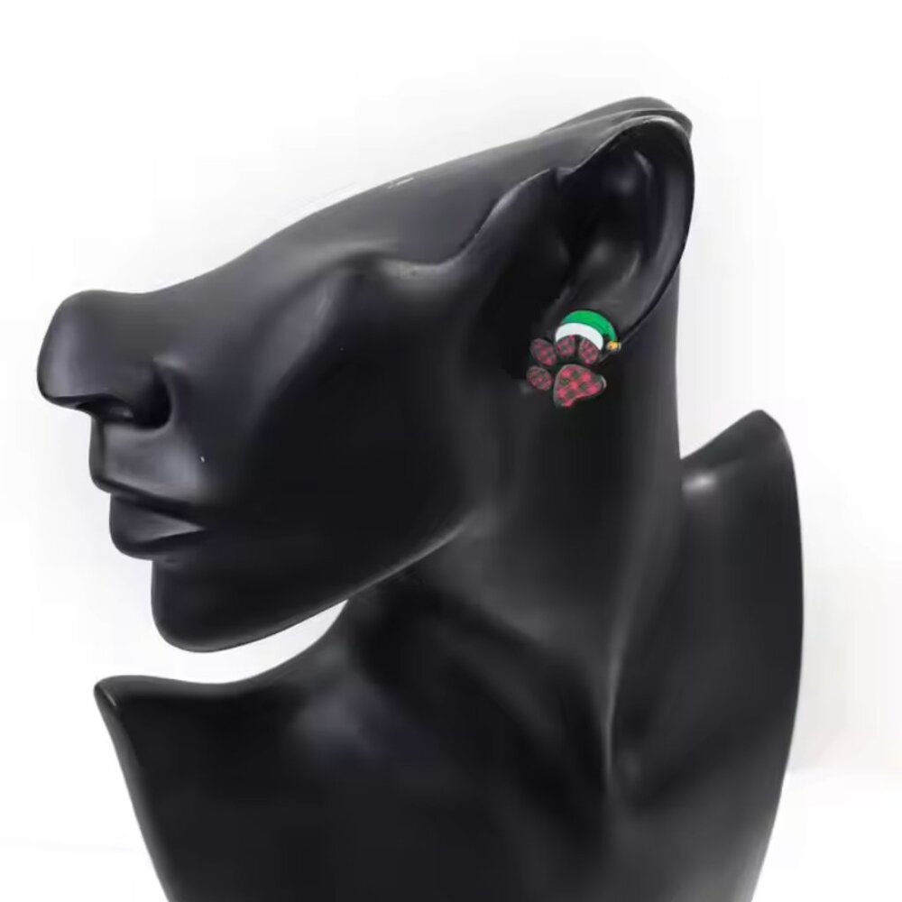 Paw Prints Christmas Stud Earrings Dogs Cats Buffalo Plaid Red Green NEW - Picture 2 of 3